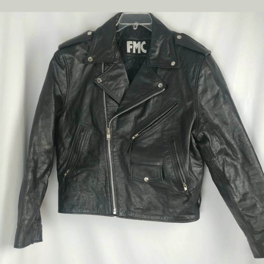 VTG Men's FMC Black LEATHER Heavy BIKER MOTORCYCLE
